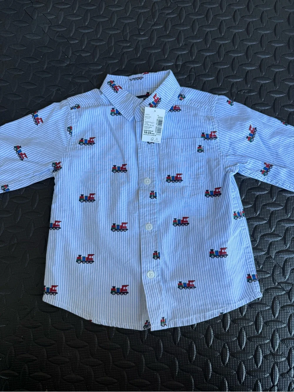 The Children's Place Light Blue Striped Button-Down with Red Train Print